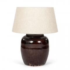 Vintage Dark Reddish Brown Glazed Pot as Table Lamp with Natural Linen Shade - 4544982