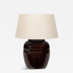 Vintage Dark Reddish Brown Glazed Pot as Table Lamp with Natural Linen Shade - 4545299