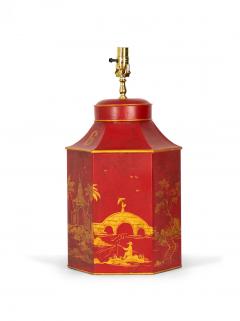 Vintage English Chinoiserie Red and Gold Hexagonal Tole Tea Caddy Table Lamp - 4170791