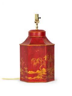 Vintage English Chinoiserie Red and Gold Hexagonal Tole Tea Caddy Table Lamp - 4170795