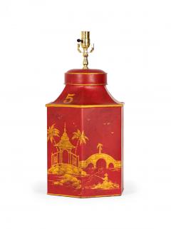 Vintage English Chinoiserie Red and Gold Hexagonal Tole Tea Caddy Table Lamp - 4170797