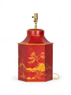 Vintage English Chinoiserie Red and Gold Hexagonal Tole Tea Caddy Table Lamp - 4170799