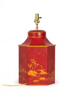 Vintage English Chinoiserie Red and Gold Hexagonal Tole Tea Caddy Table Lamp - 4170801