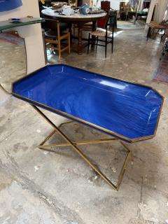 Vintage Folding Tray Table with Blue Enamel Tray and Brass Base 1970s - 4534741