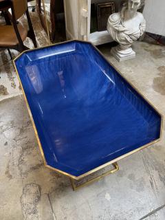 Vintage Folding Tray Table with Blue Enamel Tray and Brass Base 1970s - 4534742