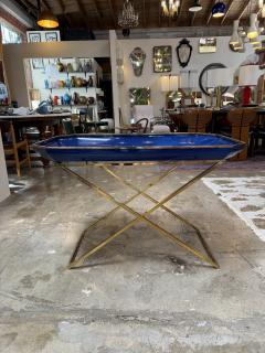 Vintage Folding Tray Table with Blue Enamel Tray and Brass Base 1970s - 4534744