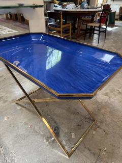 Vintage Folding Tray Table with Blue Enamel Tray and Brass Base 1970s - 4534751
