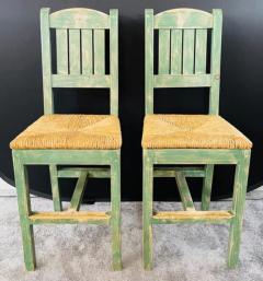 Vintage French Rustic Syle Straw Wooden Bar Stool in Green Turquoise a Pair - 2865833