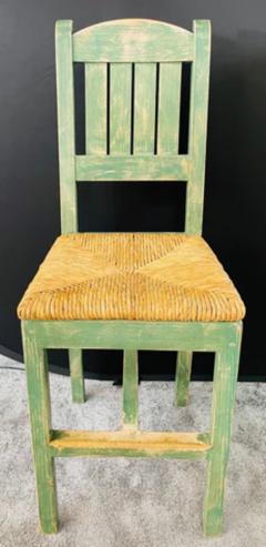 Vintage French Rustic Syle Straw Wooden Bar Stool in Green Turquoise a Pair - 2865844