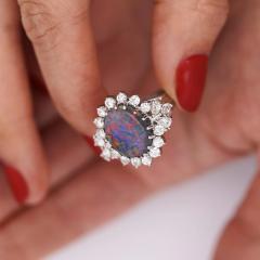 Vintage GIA Certified Black Opal Mixed Cut Diamond Halo 14K Cocktail Ring - 3991562