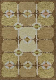 Vintage Geometric Swedish Beige Brown Gold Green Wool Rug by Ingegerd Silow - 2442030