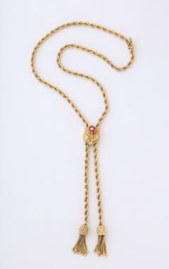 Vintage Gold Lariat on Rope Twist Chain with Tassels and a Ruby Flower - 2903872