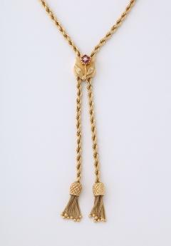 Vintage Gold Lariat on Rope Twist Chain with Tassels and a Ruby Flower - 2903873