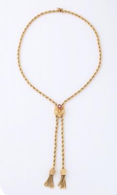 Vintage Gold Lariat on Rope Twist Chain with Tassels and a Ruby Flower - 2903874