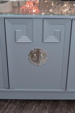 Vintage Grey Satin Lacquer Dresser with Glass Top and Greek Key Detail - 2099470