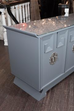 Vintage Grey Satin Lacquer Dresser with Glass Top and Greek Key Detail - 2099471