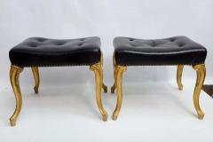 Vintage Hollywood Regency Glam French Black Leather Tufted Ottomans - 1803096