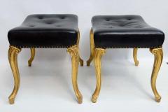 Vintage Hollywood Regency Glam French Black Leather Tufted Ottomans - 1803098