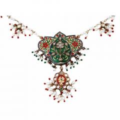 Vintage Indian Gold Enamel Jaipur Necklace With Pearl Beads - 4054105