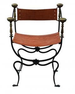 Vintage Italian Curule Savonarola Armchair in Cognac Leather Brass Iron - 3947312