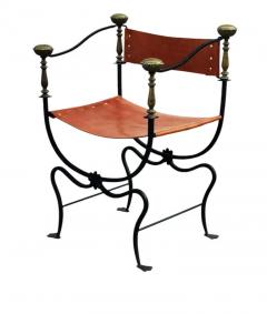 Vintage Italian Curule Savonarola Armchair in Cognac Leather Brass Iron - 3947313