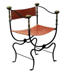 Vintage Italian Curule Savonarola Armchair in Cognac Leather Brass Iron - 3947316