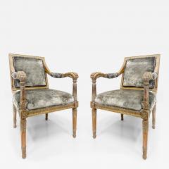 Vintage Italian Neoclassical Carved Wood Armchairs Newly Upholstered Pair - 4621863