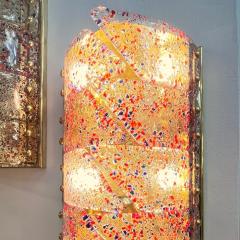 Vintage Italian Pair Polychrome Pattern Murano Glass Brass Sconces Flush Mounts - 4295085
