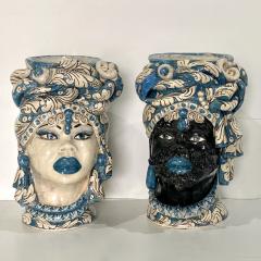 Vintage Italian Signed Black White Blue Moorish Man Woman Sculpture Head Vases - 4308174