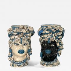 Vintage Italian Signed Black White Blue Moorish Man Woman Sculpture Head Vases - 4309992