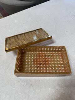 Vintage Lucite Woven Rattan Storage Box with Brass Trim - 4564165