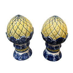 Vintage Majolica Pottery Blue Yellow Decorative Finials A Pair - 4107665