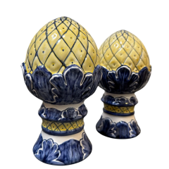 Vintage Majolica Pottery Blue Yellow Decorative Finials A Pair - 4107669