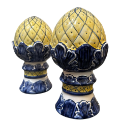 Vintage Majolica Pottery Blue Yellow Decorative Finials A Pair - 4107670