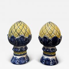 Vintage Majolica Pottery Blue Yellow Decorative Finials A Pair - 4110075