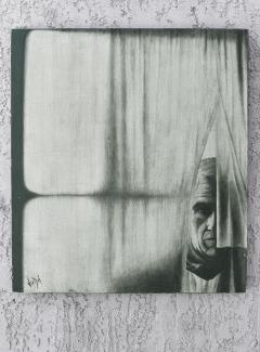 Vintage Man Behind the Curtain Painting Signed Vida - 4577744
