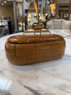 Vintage Mid Century Carved Wood Trinket Box with Lucite Brass Handle - 4593140