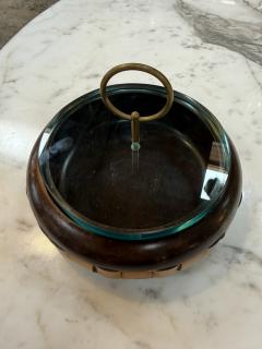 Vintage Mid Century Wooden Box with Glass Lid Brass Ring Handle - 4593119