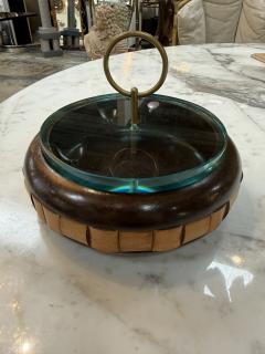 Vintage Mid Century Wooden Box with Glass Lid Brass Ring Handle - 4593120