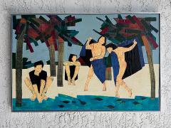 Vintage Mixed Media Painting of Beach Bathers Palm Trees by Rick Dreyer - 4432344