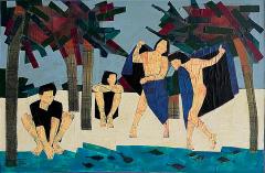 Vintage Mixed Media Painting of Beach Bathers Palm Trees by Rick Dreyer - 4434960