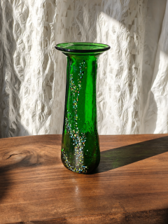 Vintage Modern Free Form Green Art Glass Vase Budveszel Gyula Hungary 1990s - 4816272