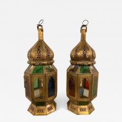 Vintage Moroccan Multi Colored Glass Lantern a Pair - 3571206