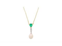 Vintage Natural Saltwater Conch Pearl Emerald Drop 18K Gold Pendant Necklace - 3807231