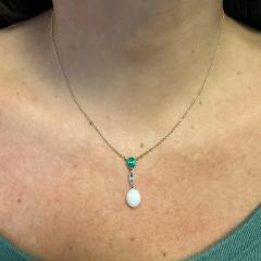 Vintage Natural Saltwater Conch Pearl Emerald Drop 18K Gold Pendant Necklace - 3807320