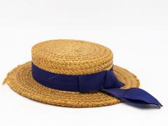 Vintage Natural Straw Navy Blue Ribbon Bow Boater Hat The Ridgemont Make 1950s - 3702831