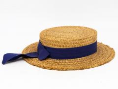 Vintage Natural Straw Navy Blue Ribbon Bow Boater Hat The Ridgemont Make 1950s - 3702832