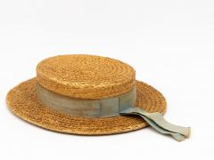 Vintage Natural Straw Pale Blue Ribbon Bow Boater Hat The Ridgemont Make 1930s - 3682535