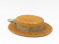 Vintage Natural Straw Pale Blue Ribbon Bow Boater Hat The Ridgemont Make 1930s - 3682536