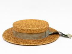 Vintage Natural Straw Pale Blue Ribbon Bow Boater Hat The Ridgemont Make 1930s - 3682538